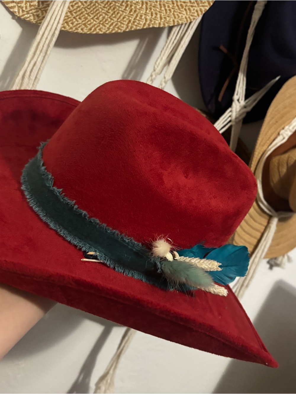 Custom Red Women’s cowgirl Hat with Teal Feather Trim